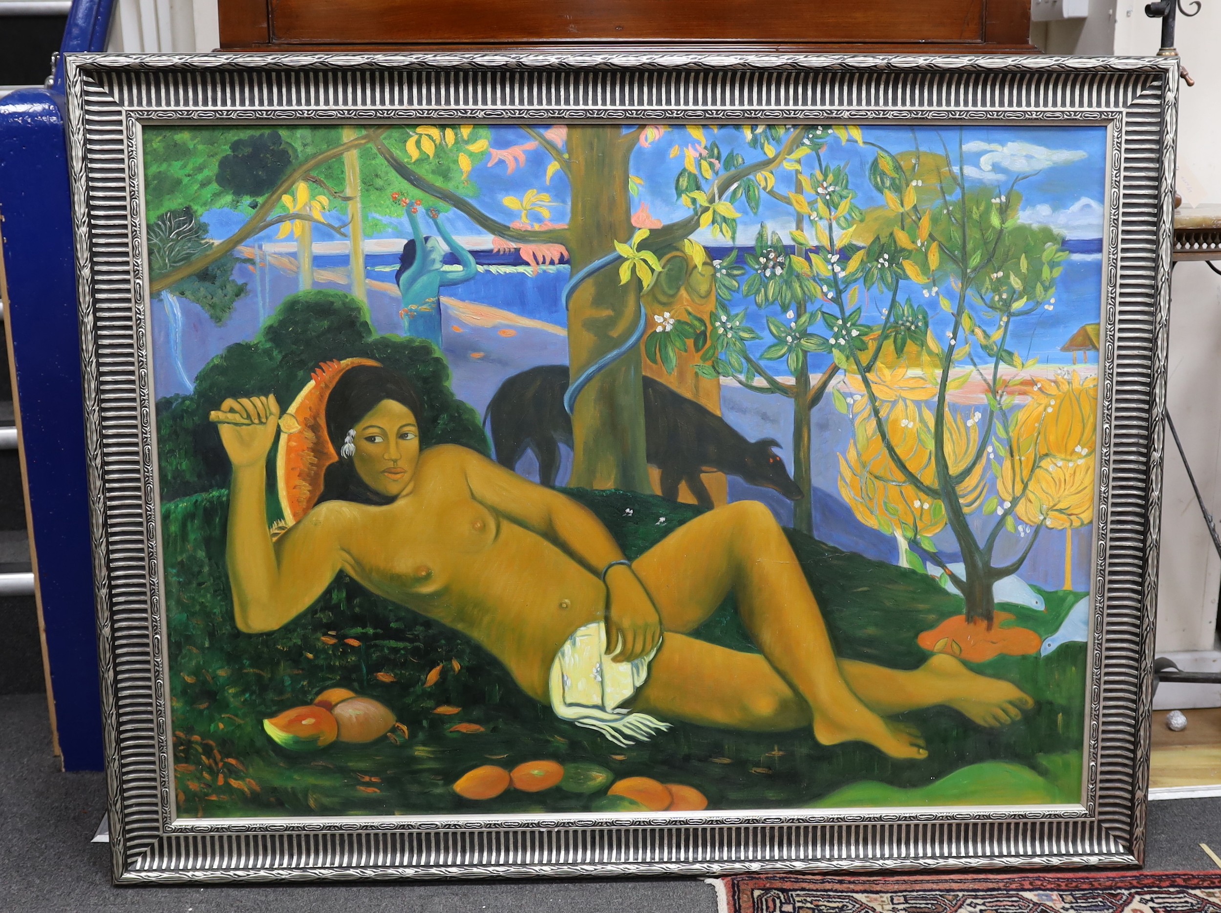 After Paul Gaugain, oil on board, A reclining beauty, 87 x 118cm